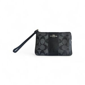 Coach Corner Zip Wristlet Signature Canvas With Stripe Black